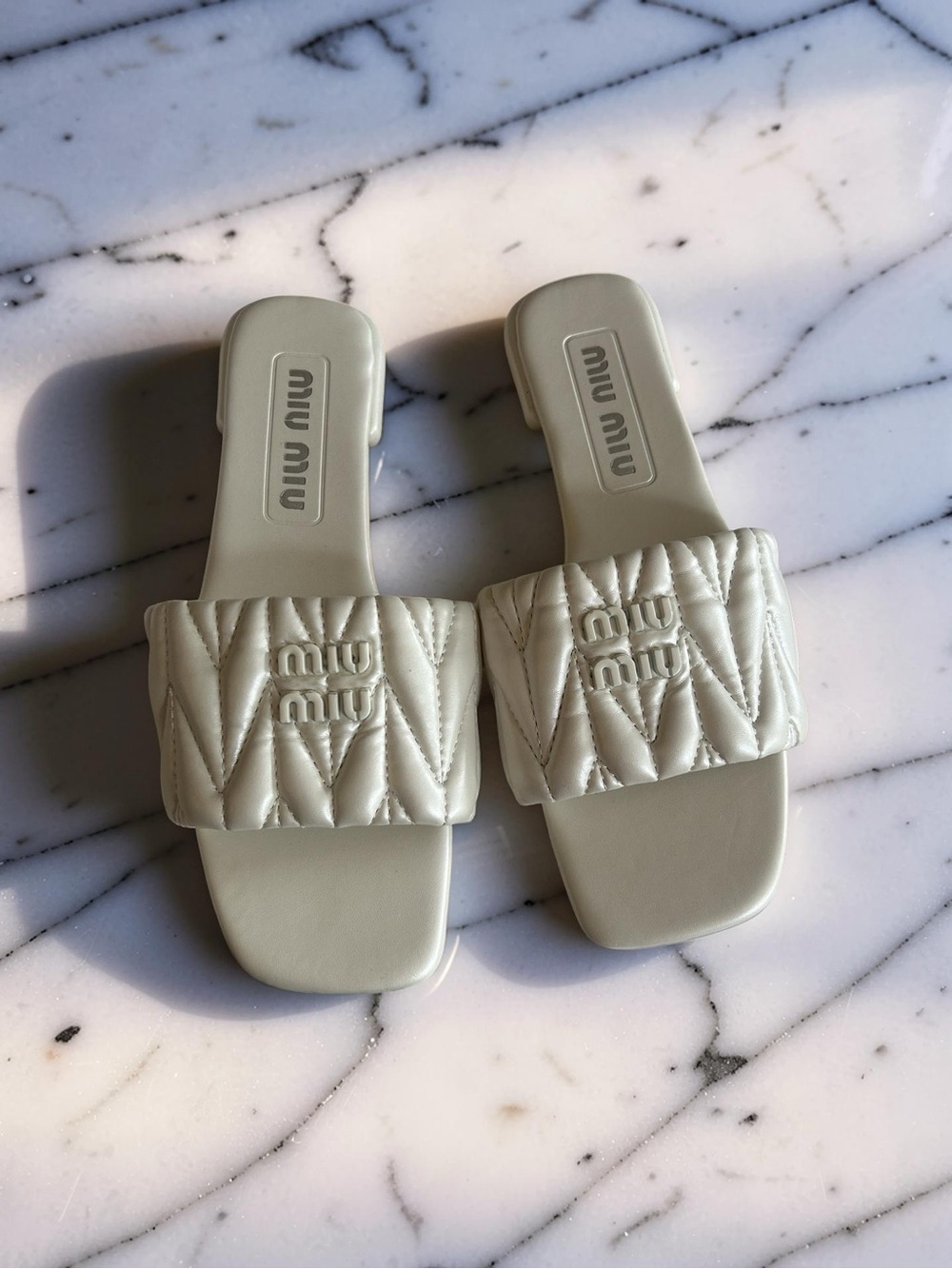 Miu Miu Cream Quilted Logo Slide Sandals